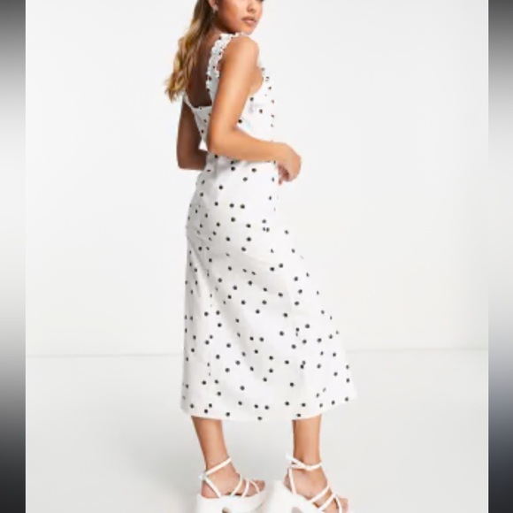 Influence Frill Shoulder Midi Dress in a white and black polka dot pattern 6 - Picture 3 of 16